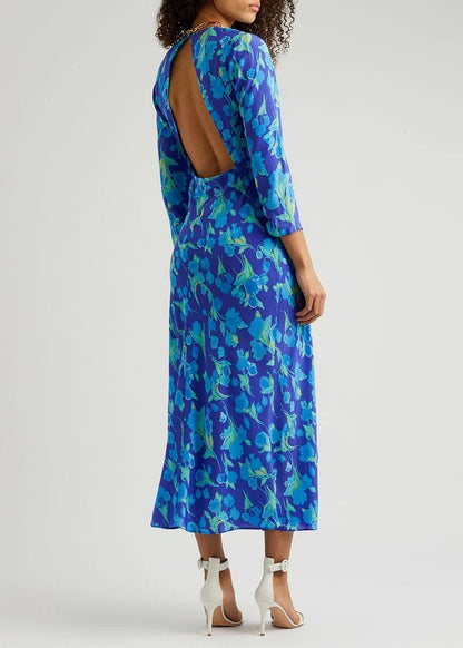 RX Rose Floral Print Silk Midi Dress