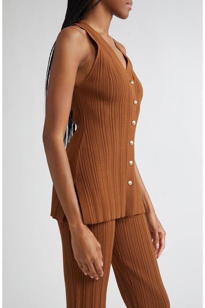 VB Dax Seashell Knit Vest | Massaro Pants | Viscose-blend Dark Whiskey Set
