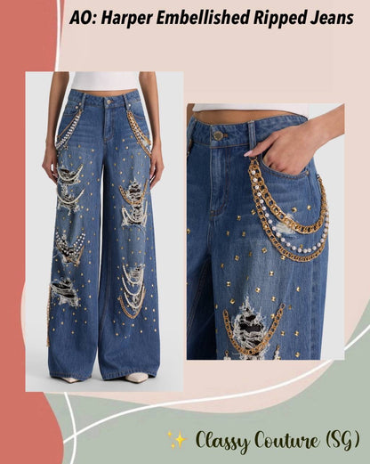 Harper Gold-tone Chain & Pearl-Embellished Ripped Mid-Rise Wide-leg Jeans