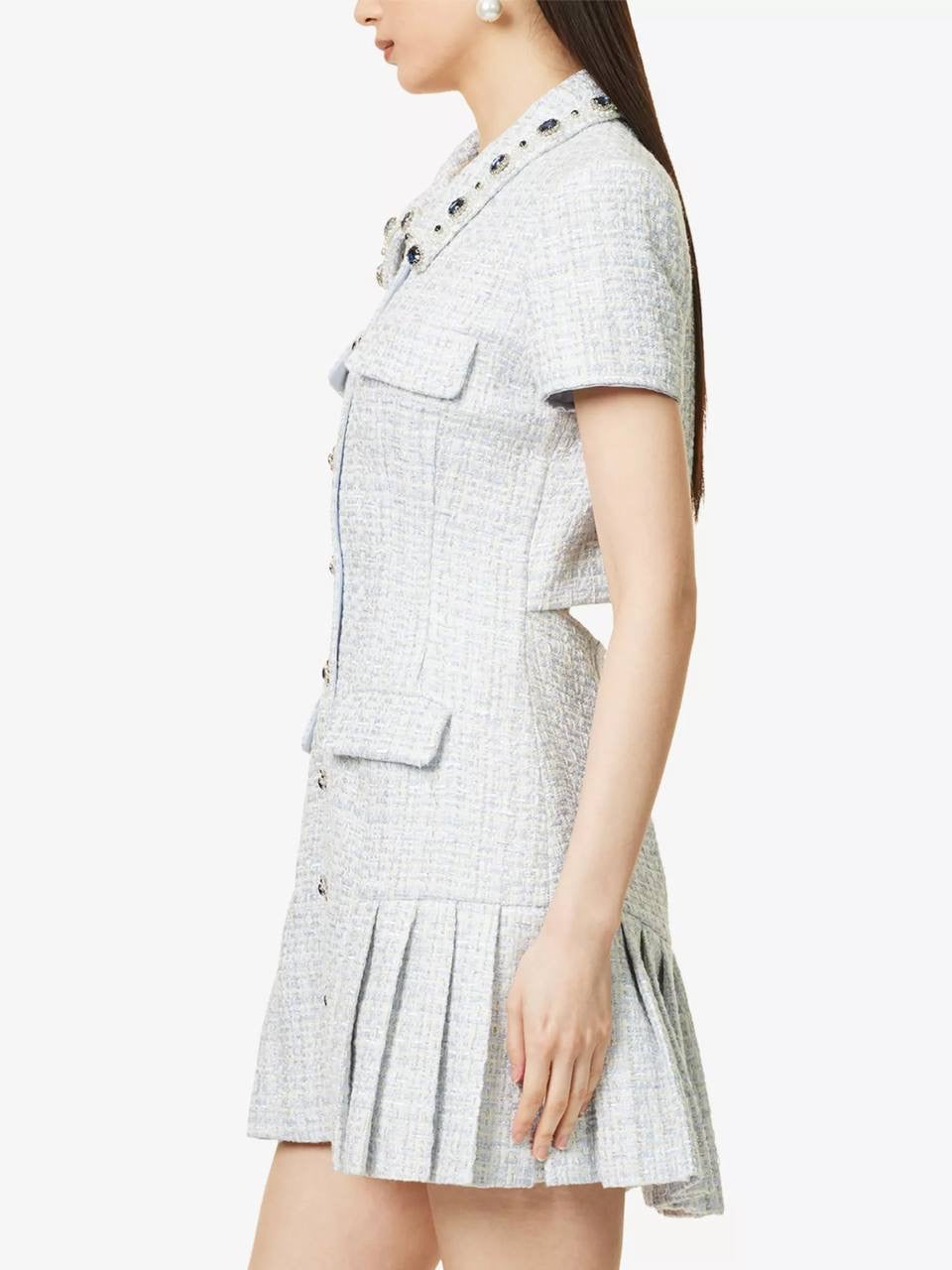 SP Diamante-trim Blue Boucle Pleated Skirt Mini Dress