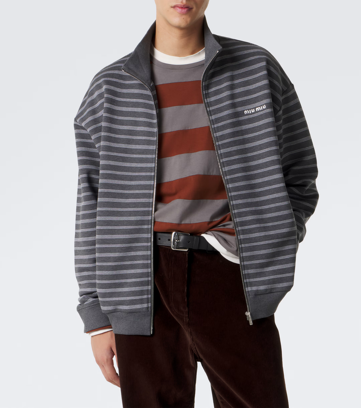 MM Grey White Striped Cotton Fleece Jacket