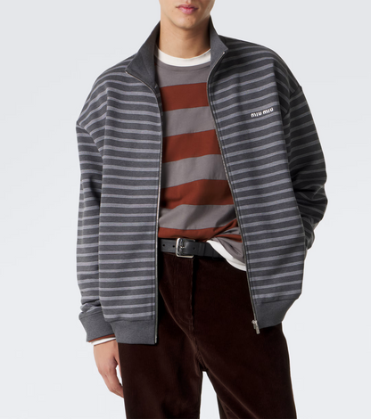 MM Grey White Striped Cotton Fleece Jacket