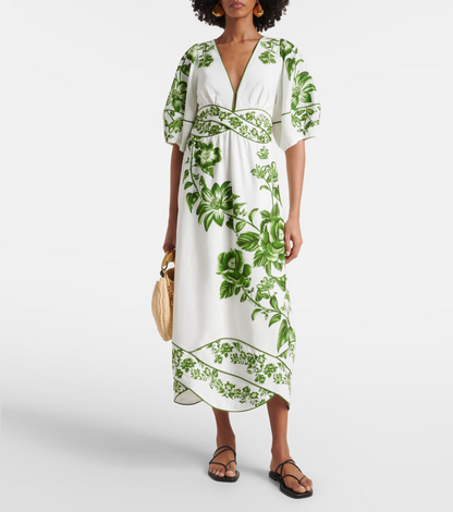 FR Green Floral Cascade Blue Yard Linen-Viscose Midi Dress