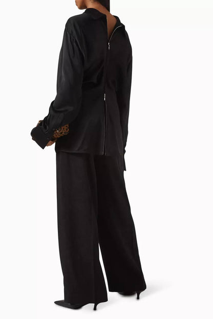 TOT Slouch Zip-Front Drape Satin Blouse Top