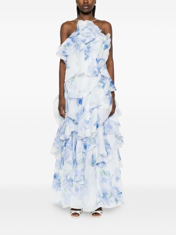 AJ Pandorea Halter Layered Maxi Dress in Iris Blue Floral & Butter Yellow