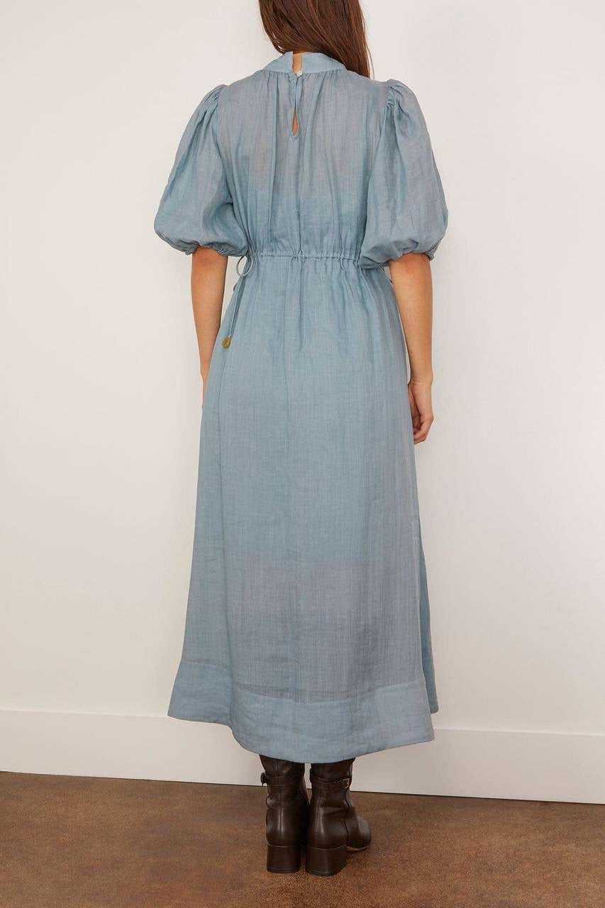 SE Anise S/S Short-Sleeved Ramie Puff Midi Dress (with detachable cotton slip)