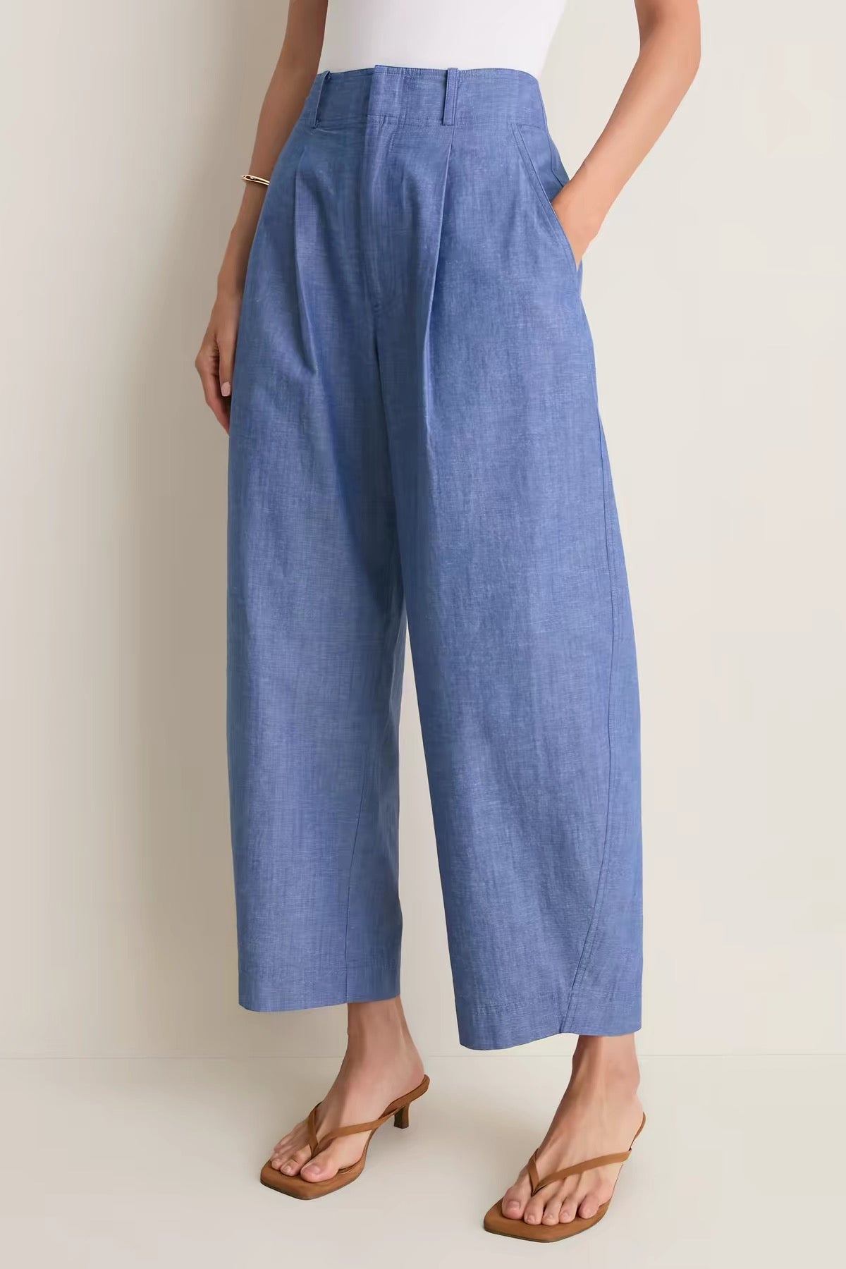 AA Godet Crop Tank Top | Bari Shorts/Crop Trousers | Elan Palazzo Pant | Chambray Blue Cotton-linen Set