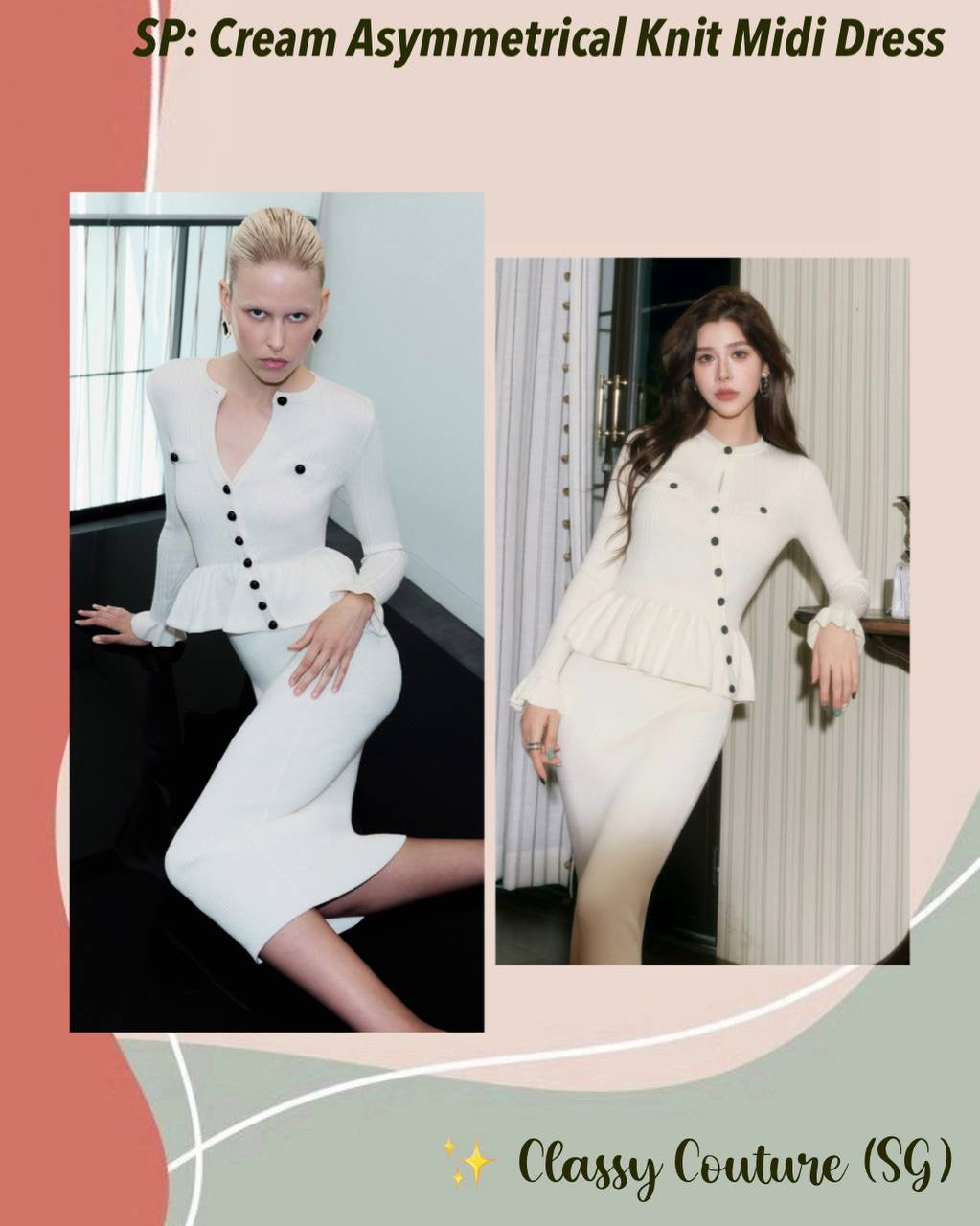 SP Cream Asymmetrical Peplum Knit Midi Dress