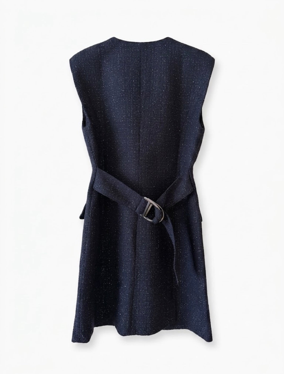 MJ Navy Blue Short Lurex Tweed Cinched Sleeveless Button Up Mini Dress