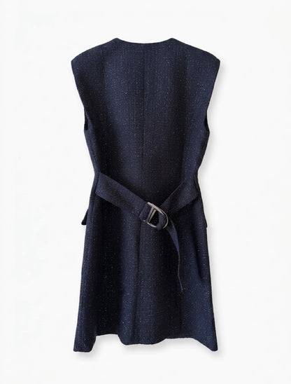 MJ Navy Blue Short Lurex Tweed Cinched Sleeveless Button Up Mini Dress