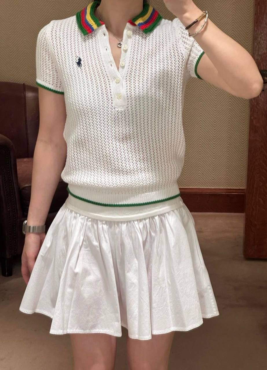 RL Pointelle Stripe Cotton-blend Polo Shirt Top with Rainbow Collar
