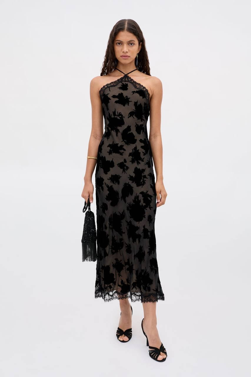 RX Harlan Velvet Devoré | Hayley Viscose-Silk Halter Midi Dress