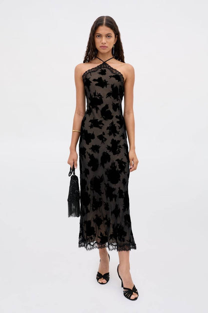 RX Harlan Velvet Devoré | Hayley Viscose-Silk Halter Midi Dress