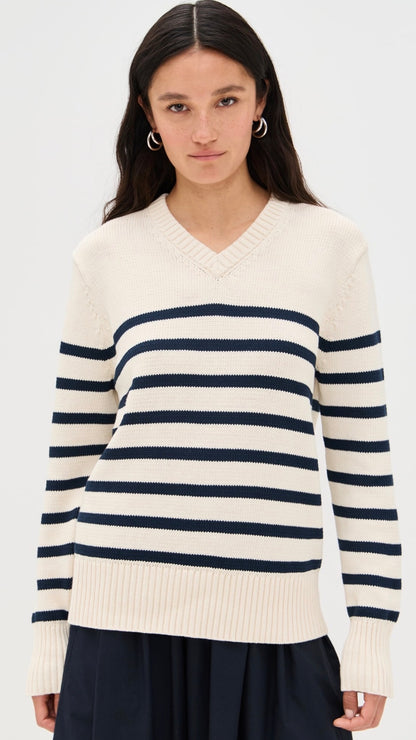 JK Cotton Kate V-Neck Pullover Sweater in Ivory/Navy Stripe