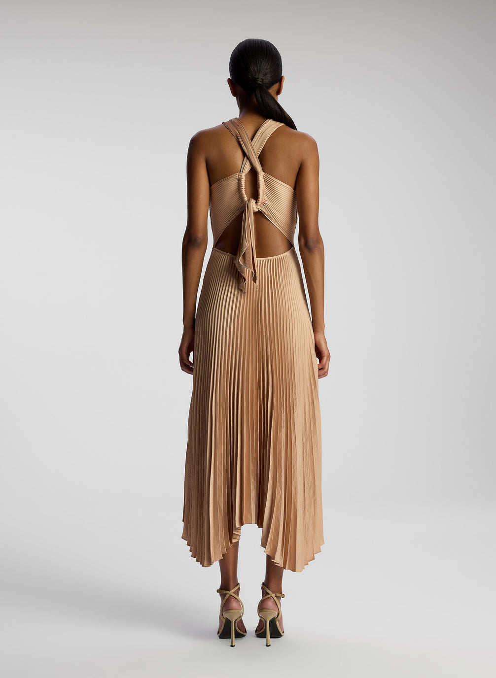 ALC Athena II Satin Pleated Halter Midi Dress in Bella Bronze Pink