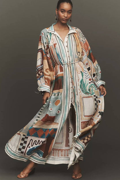 ALM Michelle Long-Sleeve Linen Shirtdress Midi Dress