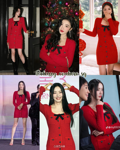 SP Red Knit Bow Round Neck Mini Dress