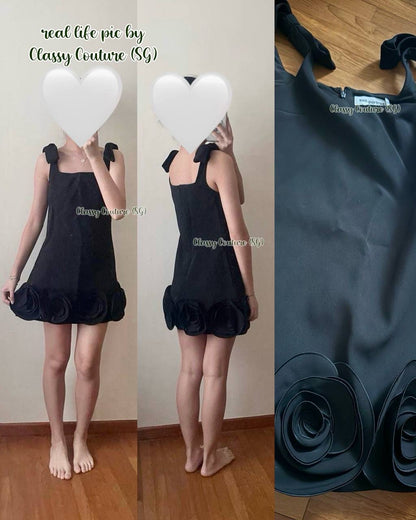 SP Black Crepe 3D Flower Mini Dress