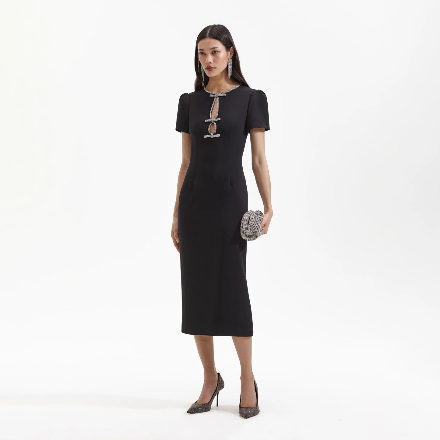 SP Black Crepe Diamante Bow Midi Dress with Cut Out