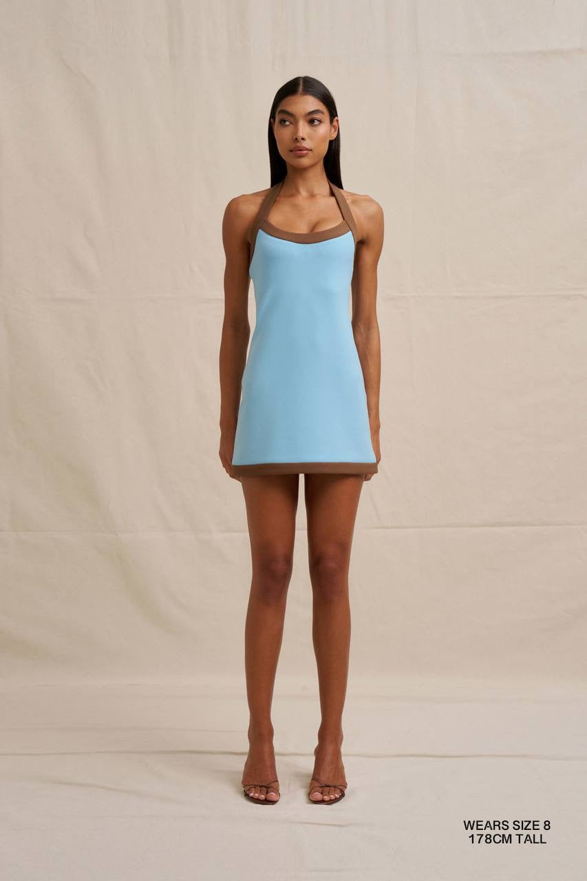 BJ Colette Halter Contrast Mini Dress in Brown/Blue