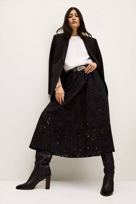 BA Bela Embroidered Eyelet Flared Organic Cotton Midi Skirt