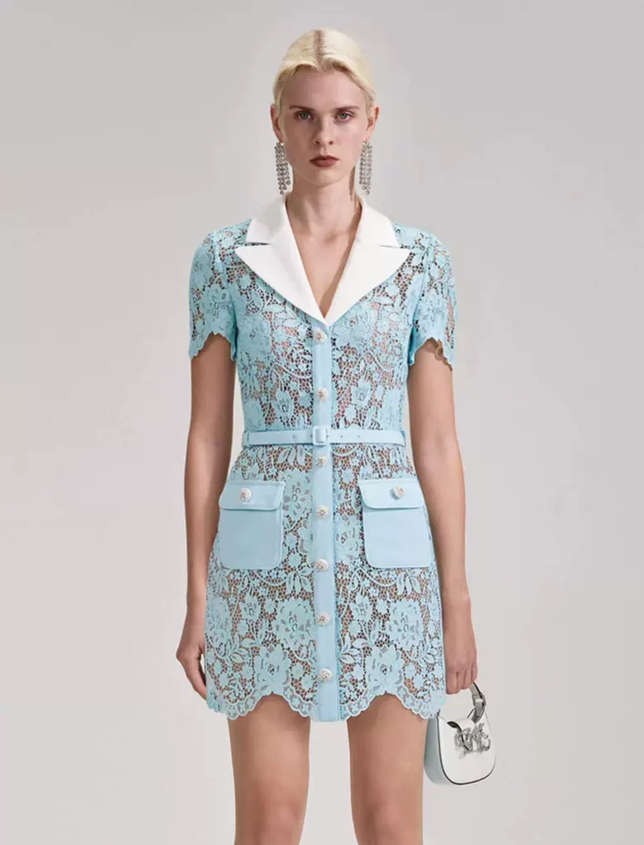 SP Blue Corded Rose Lace Mini Dress with White Collar