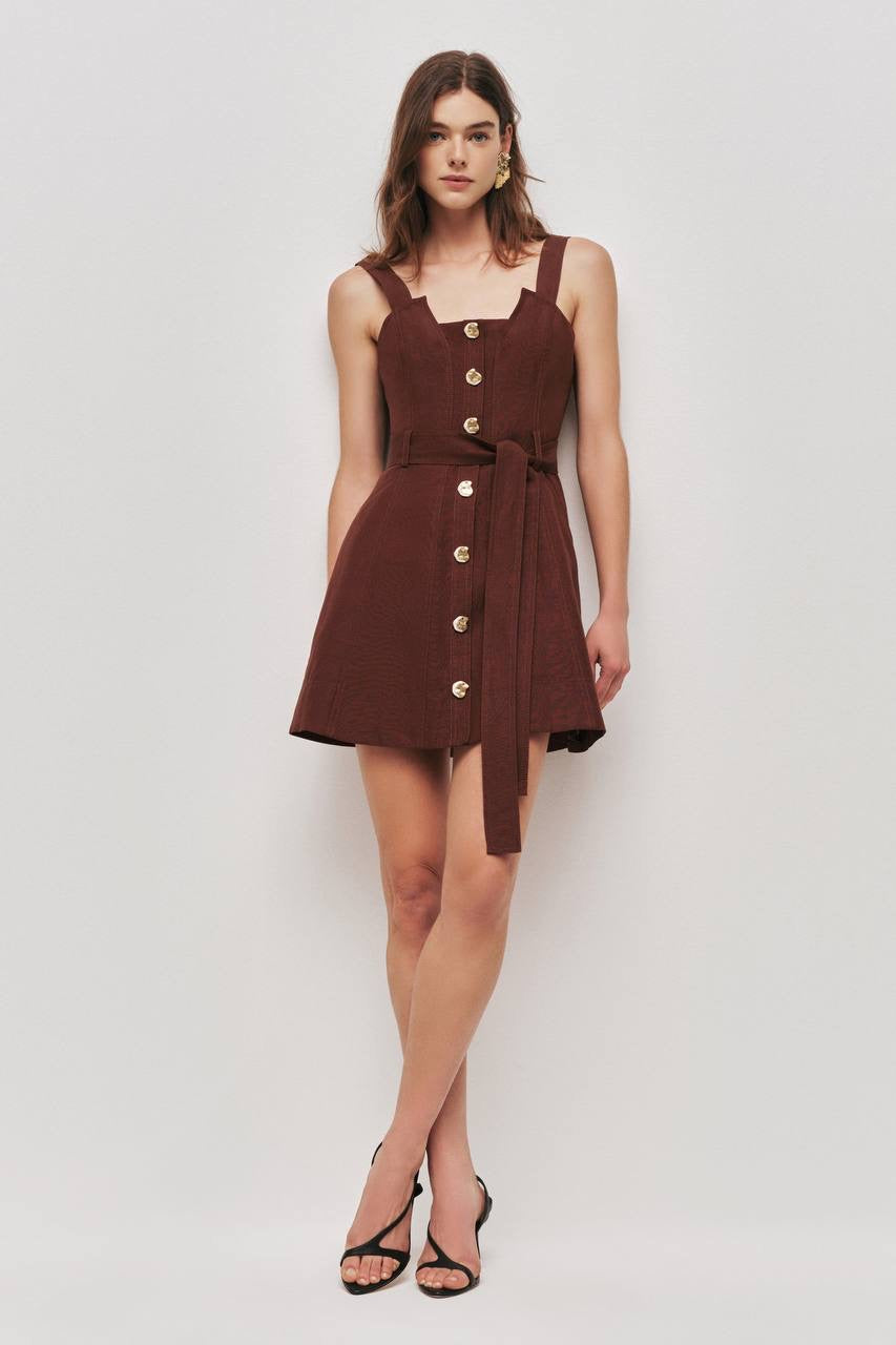 AJ Manon Brown Linen-viscose Mini Dress