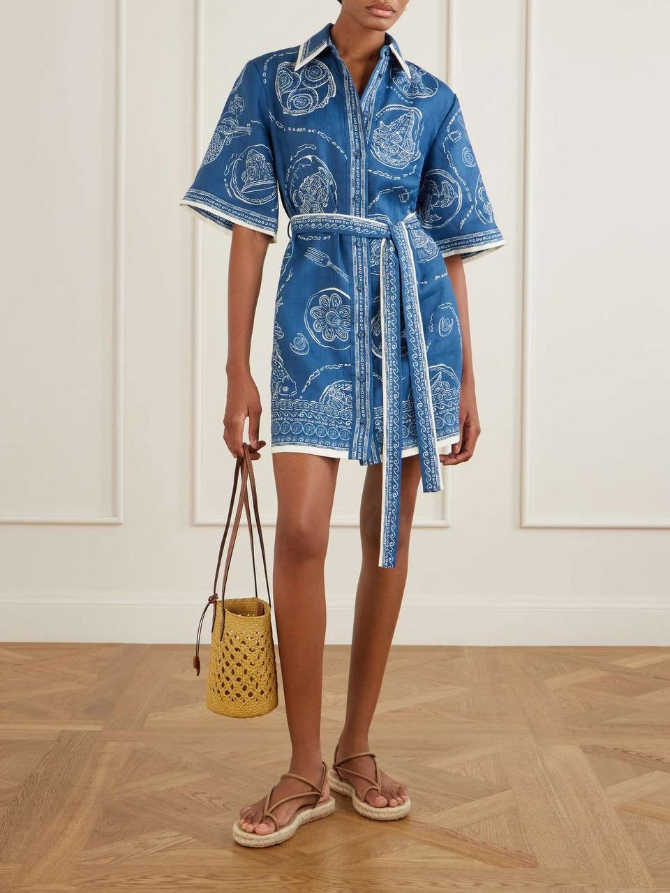 ALM Blue Lucky Belted Linen Mini Dress Shirtdress