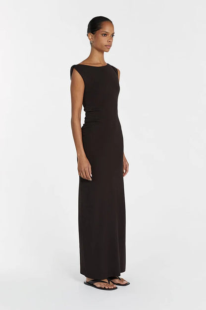 DSH Poppy Asym Midi Maxi Dress Viscose-Nylon Knit in Bitter Choc & Marle Grey