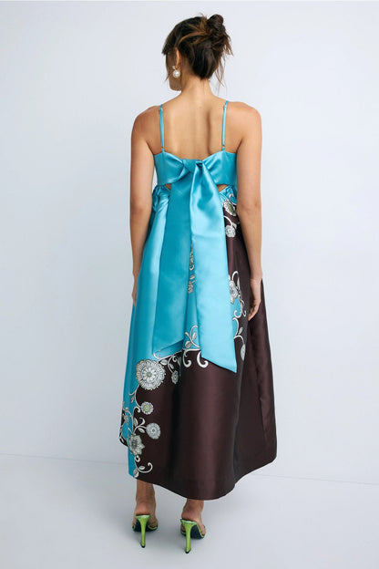 ALM Gia Printed Maxi Dress Sundress with Back Ribbon Bow Tie