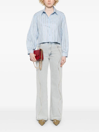 SD Celena Cotton Striped Embellished Cropped Button Down Shirt