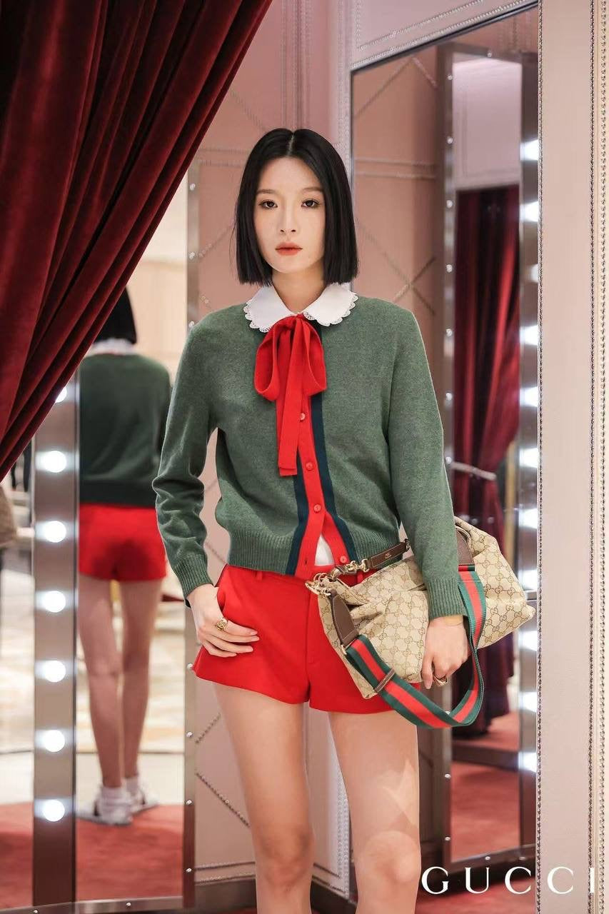 GC Green Knit Wool Cashmere w Red Ribbon Cardigan