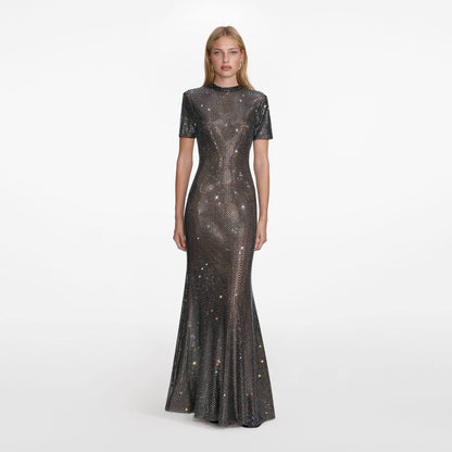 SP Gun Metal Mesh Rhinestone Maxi Dress