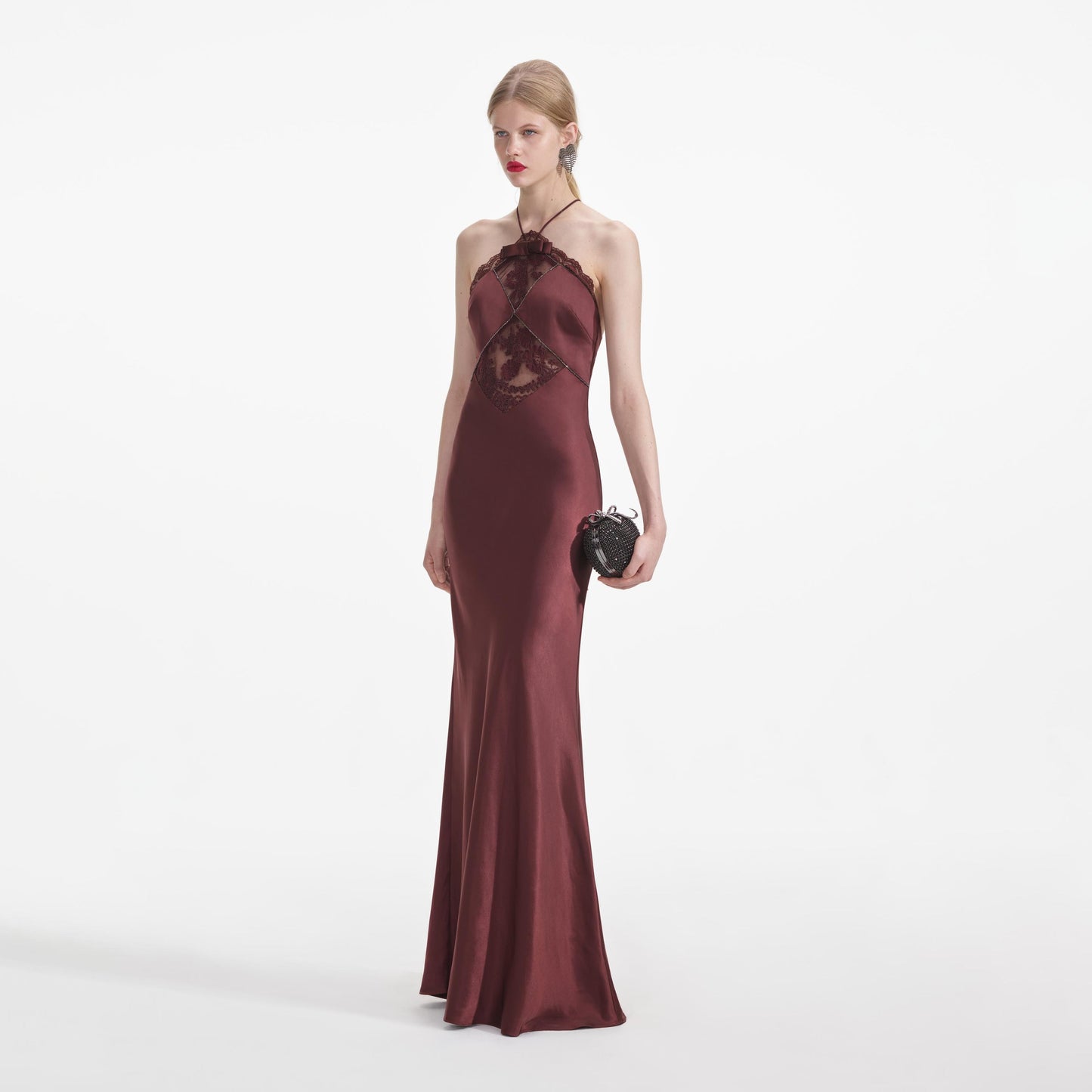 SP Brown Satin Halter Backless Maxi Dress with Lace Cut Out