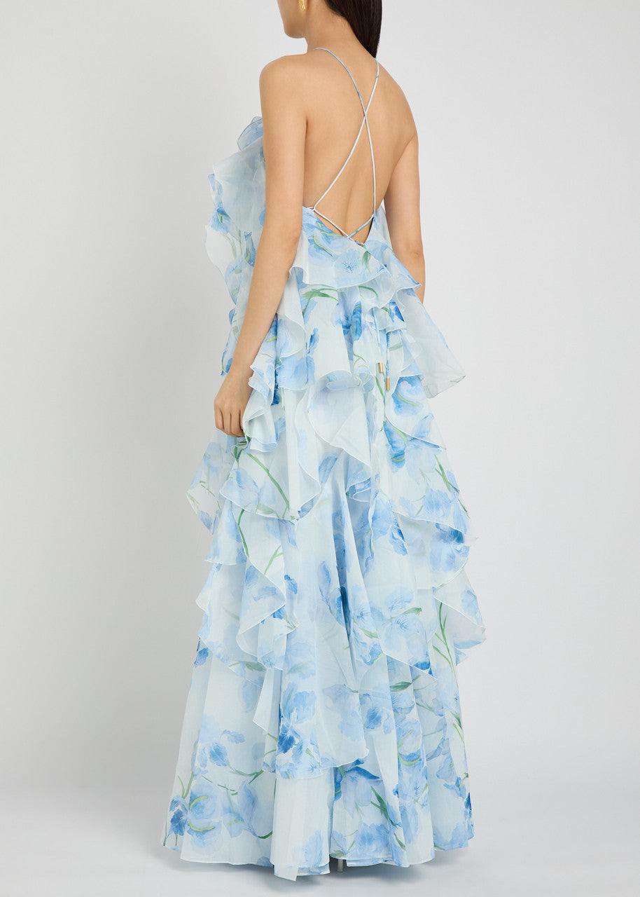 AJ Pandorea Halter Layered Maxi Dress in Iris Blue Floral & Butter Yellow