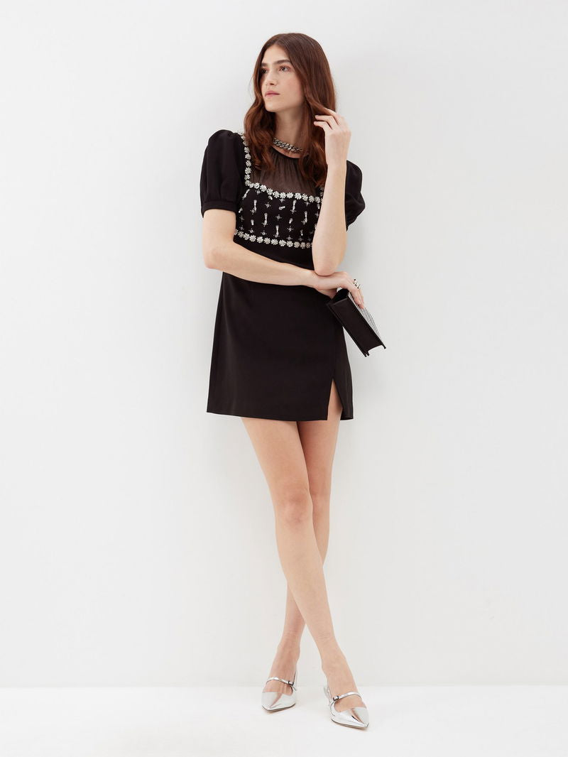 SALE! SP Blacked Tulle-panelled Crystal Embellished Crepe Puff Sleeve Mini Dress