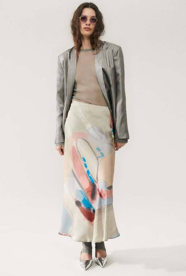 SALE! SL Long Bias Cut Silk Midi Maxi Skirt in Expressionist