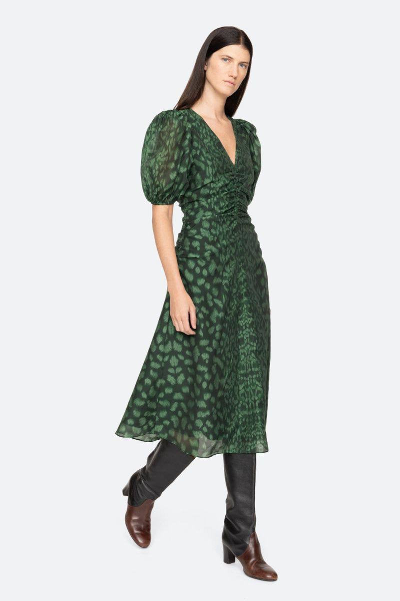 SE Claude Print Puff Sleeve Midi Dress