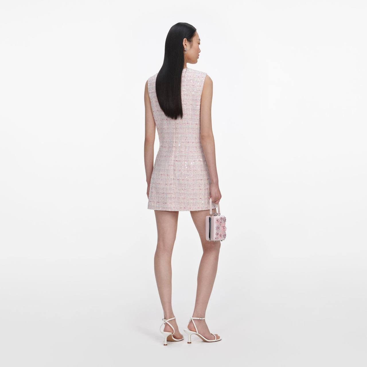 SP Pink Sequin Boucle Jacket | Bow Sleeveless Shift Mini Dress | Set