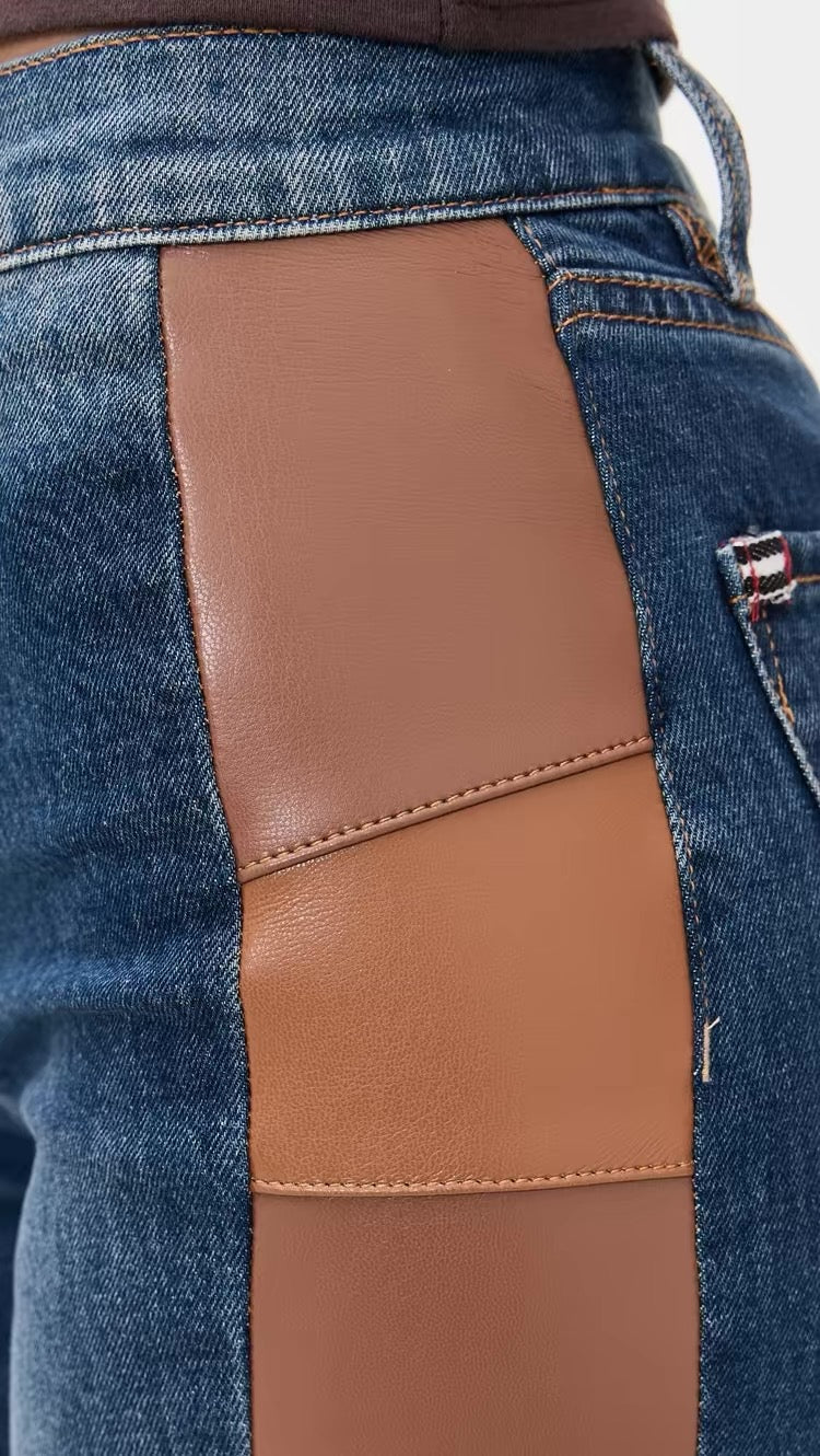 2 Styles! AO SB Vegan Faux-Leather Cutout Jeans in Patchwork Flare & Brown