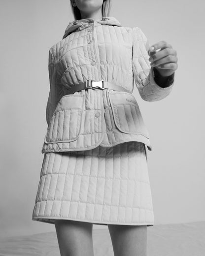 MK Raja Light Down Vertical Quilted Hooded Jacket with Belt