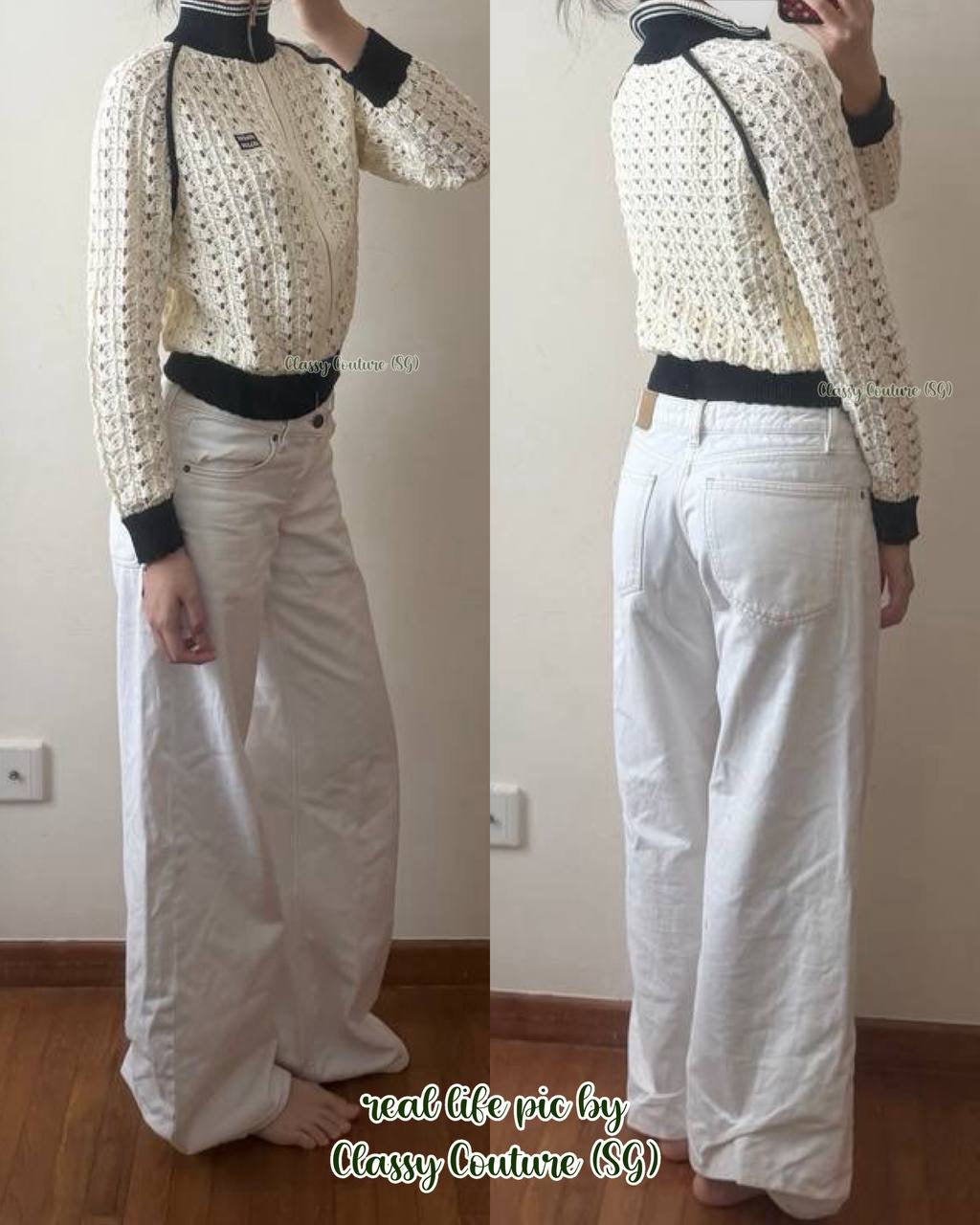 MM Cotton Crochet Zip-Up Contrast Collar Cardigan in Natural/Navy Blue