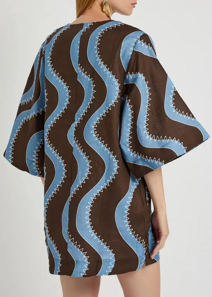 ALM024 Bold Brown/Blue Wave Stitch Tunic Shift Linen Mini Dress
