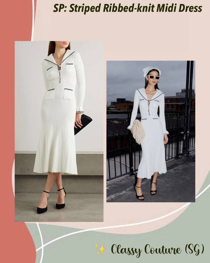 SP White Viscose Rib Knit Collar Long Sleeve Midi Dress