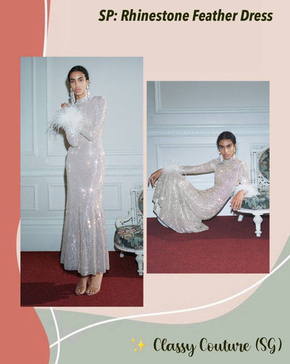 SP Champagne Rhinestone Feather Midi Dress