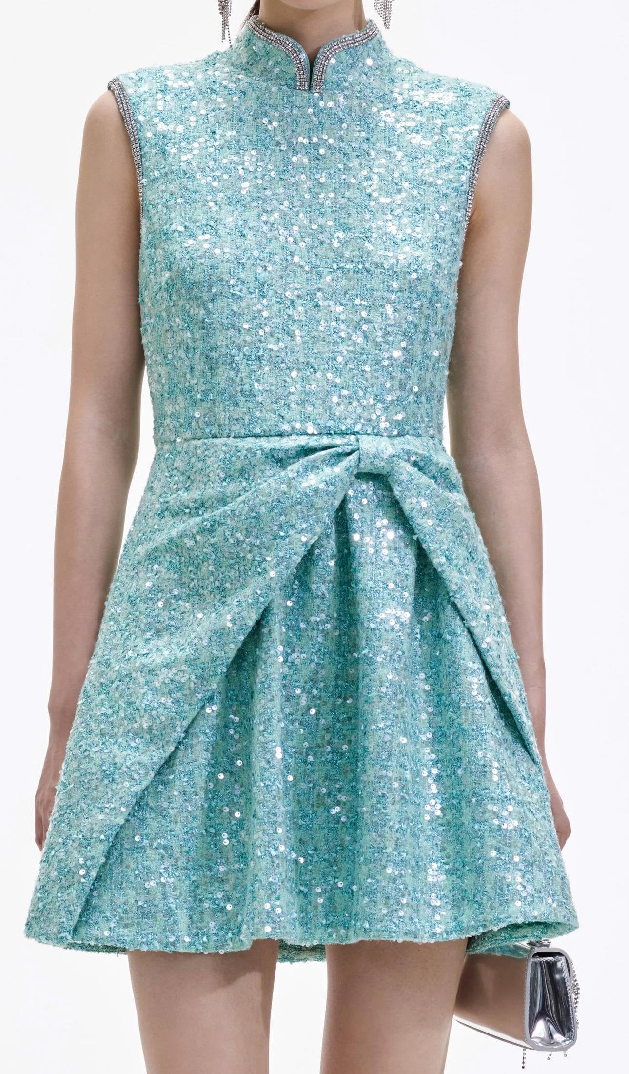 SALE! SP Mint Turquoise Green Boucle Sequin Gathered Mini Dress