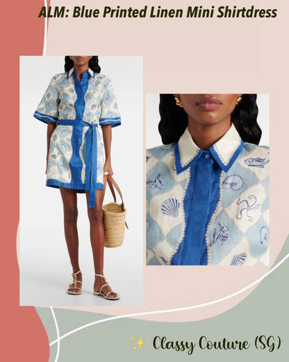 ALM Pia Blue Printed Linen Mini Dress Shirtdress