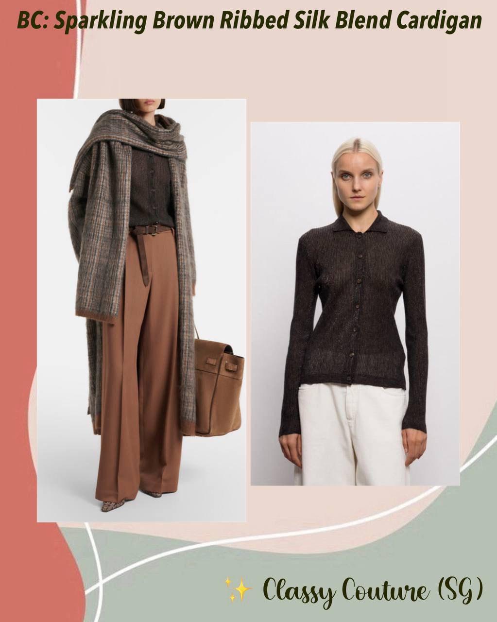 BC Sparkling Brown Ribbed Silk-Alpaca-Wool blend Cardigan