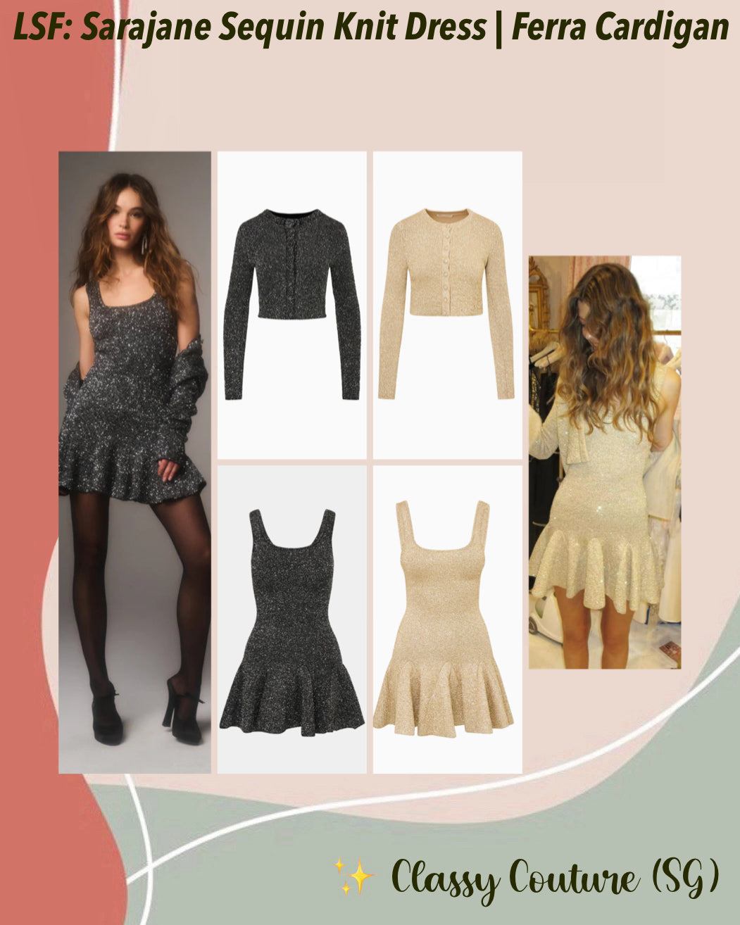 2 Colors! LSF Sarajane Sequin Stretch Knit Mini Dress | Ferra Knit Cardigan | Honey Gold & Black Set