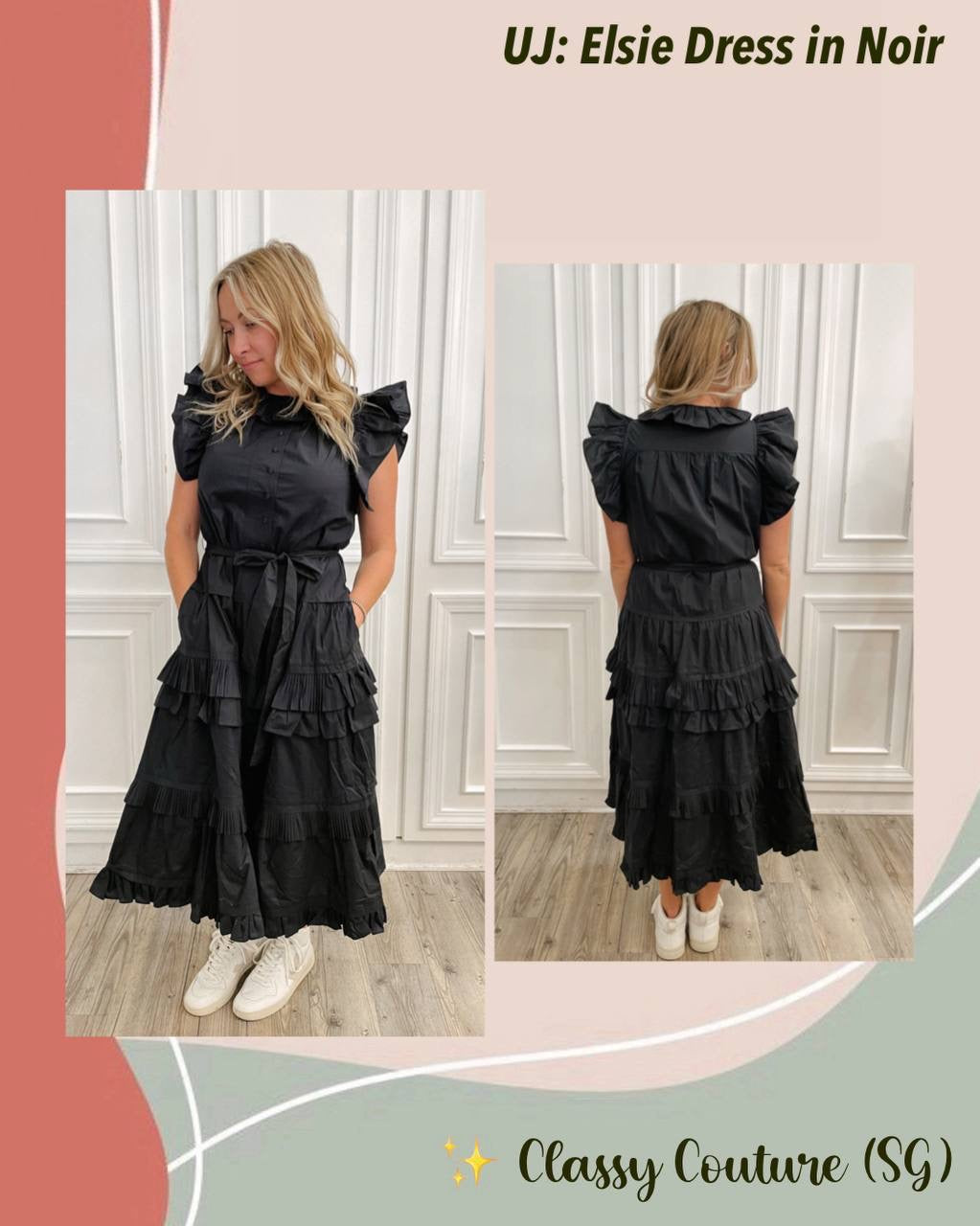 UJ Elsie Ruffle Sleeve Cotton Midi Dress in Noir Black